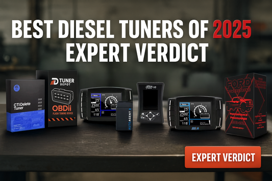Best Diesel Tuners of 2024 Expert Verdict banner featuring MiniMaxx V1 & V2, EFILive AutoCal V3, EZ Lynk AutoAgent 3, CTi Diesel Tuner, OBD2 Flash Tuning Device and Ford Powerstroke Performance Programmer on a dark workshop bench