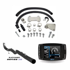 Components of a 6.6L Duramax delete kit including pipes, gaskets and a duramax tuner on a white background.