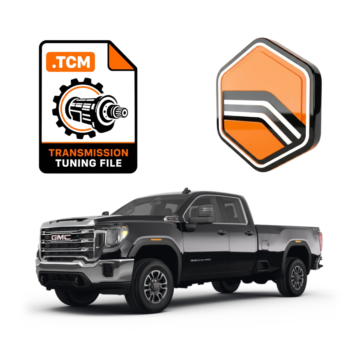 GMC L5p truck with transmission tuning file icon and Tuning Credits Icon on a white background