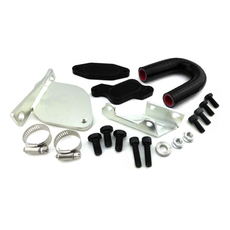 LMM EGR Delete Kit components like black U-shaped pipe, metal brackets and screws displayed on a white background