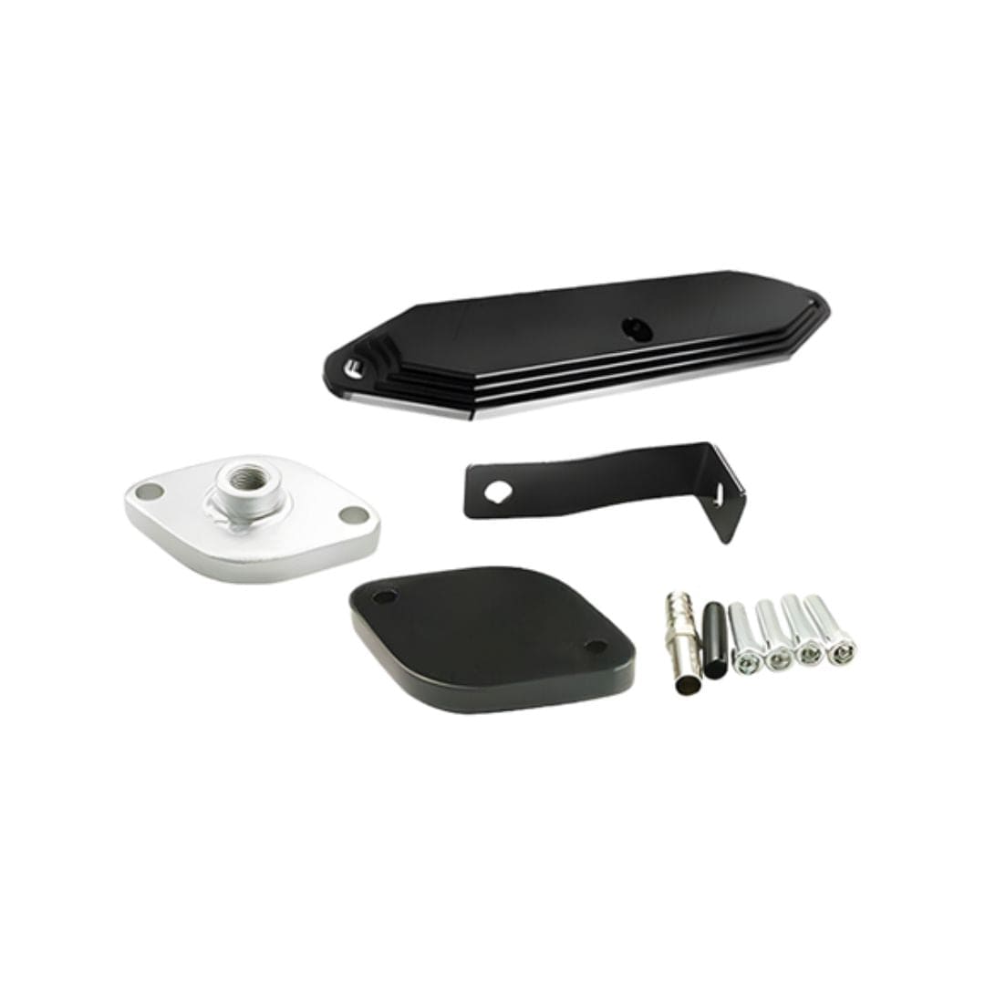 Super duty egr delete kit with all components including egr block off plates displayed on a white background