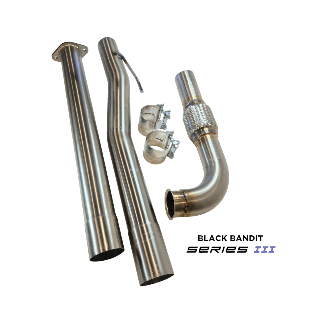 Ram EcoDiesel 3.0L Exhaust pipes and connectors with 'Black Bandit Series III' branding on a white background