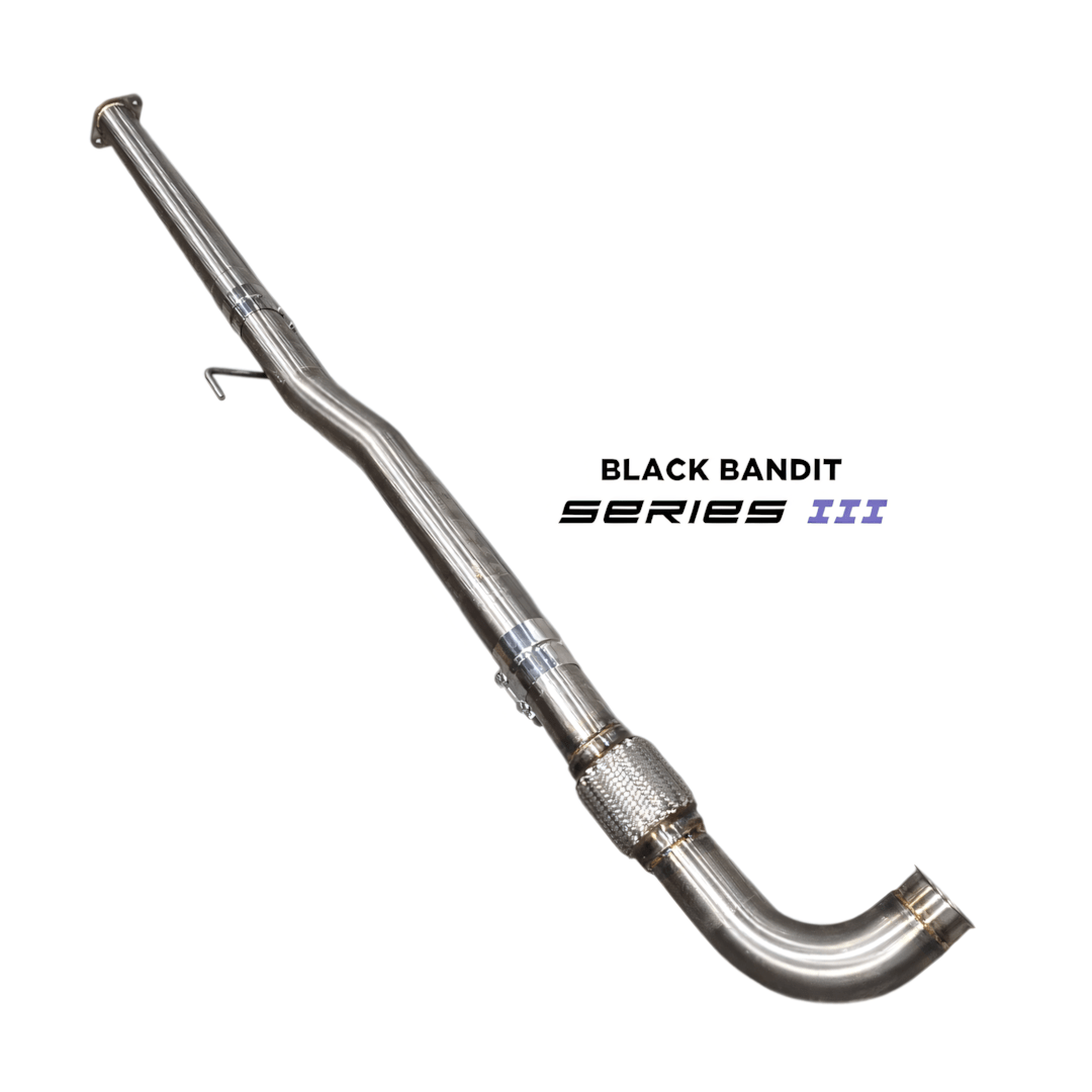 Stainless steel cat and DPF delete pipe for RAM EcoDiesel 3.0L vehicles, with the text 'BLACK BANDIT SERIES III' visible.