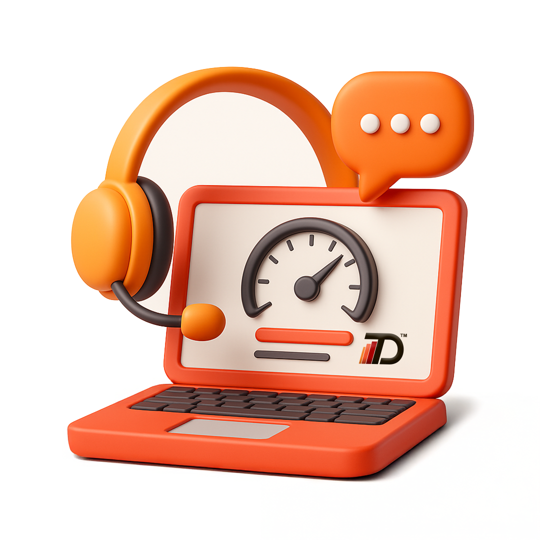 Orange laptop with a headset on a white background representing Tuner Depot Remote Tuning Tech Support
