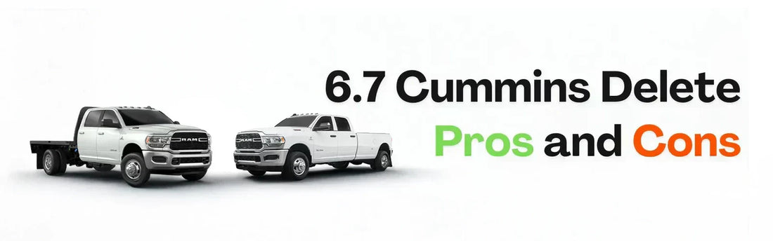 Image of a 6.7 Ram Cummins truck and cab chassis with a bold banner reading: 'The Pros and Cons of a 6.7 Cummins Delete,' highlighting the topic of engine modification considerations.