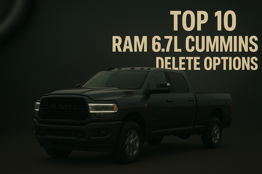 2020 Ram 3500 6.7L Cummins truck with bold Top 10 Ram 6.7L Cummins Delete Options title on a dark industrial textured background