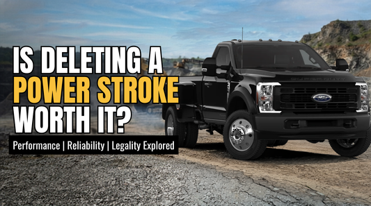Black Ford Super Duty pickup truck on a gravel lot with text overlay asking 'Is Deleting a Power Stroke Worth It?' with subtitles about Performance, Reliability, and Legality Explored.