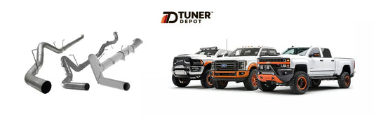 Three T304 stainless steel delete pipes and exhaust systems displayed with Ford, Ram, and GM heavy-duty diesel pickup trucks from Tuner Depots.