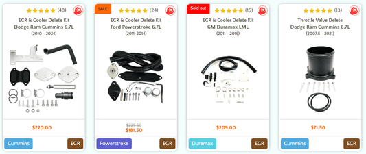 EGR and Cooler Delete Kits by Tuner Depot for Dodge Ram Cummins, Ford Powerstroke and GM Duramax trucks including throttle valve delete options, prices and ratings.