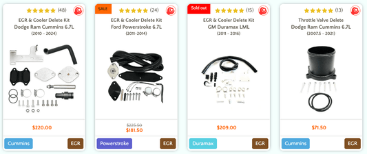 EGR and Cooler Delete Kits by Tuner Depots for Dodge Ram Cummins, Ford Powerstroke and GM Duramax trucks including throttle valve delete options, prices and ratings.