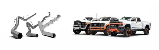 A lineup of three lifted diesel trucks - a Ram, Ford Powerstroke, and GM Duramax - parked beside a collection of downpipe exhaust system components, showcasing upgrades for diesel vehicles