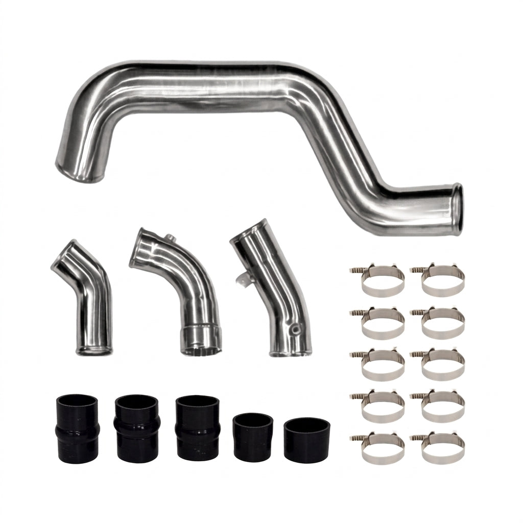 Complete 6.6L Duramax L5P intercooler pipe and boot kit with polished 3" pipes, silicone boots, and T-bolt clamps