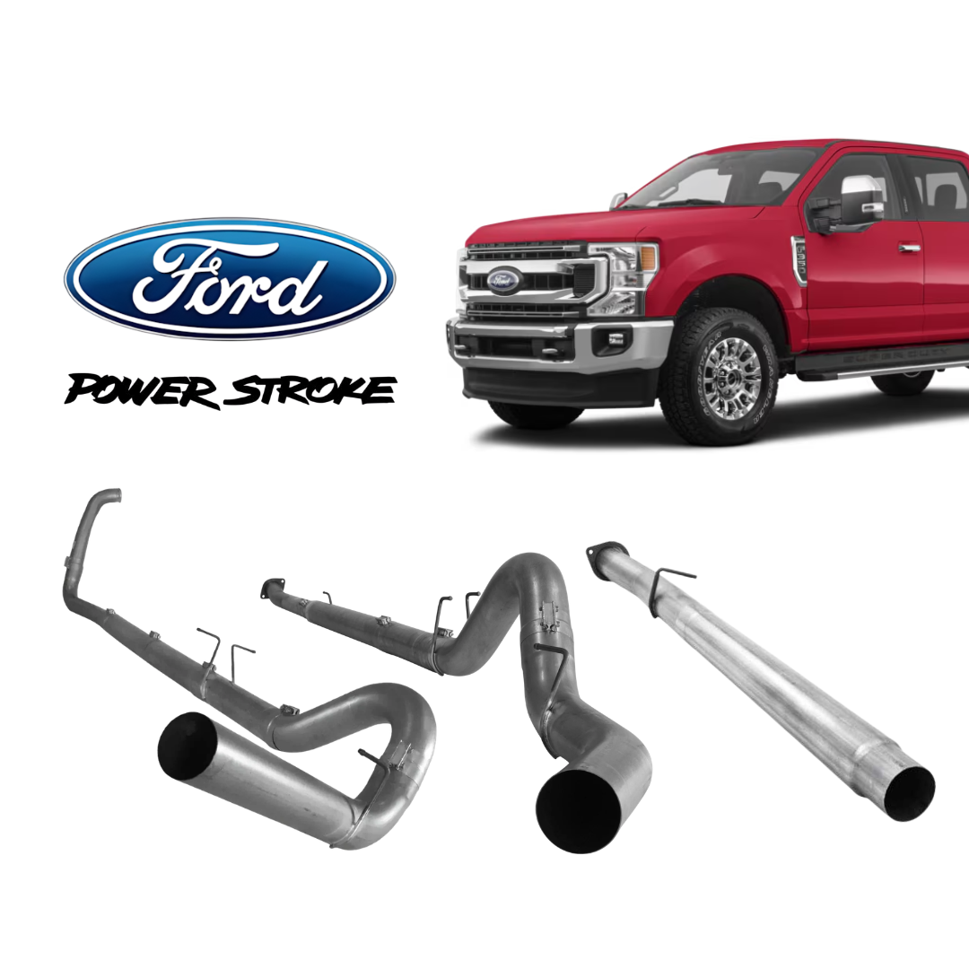 Ford F-250 Super Duty paired with 6.7 Powerstroke DPF delete pipes, downpipe-back and turbo-back exhaust systems in 4-inch and 5-inch for 6.0L, 6.4L and 6.7L Ford diesel trucks