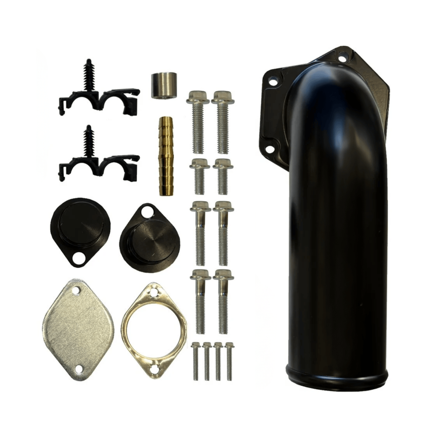 Powerstroke EGR Delete kit components displayed on a white background
