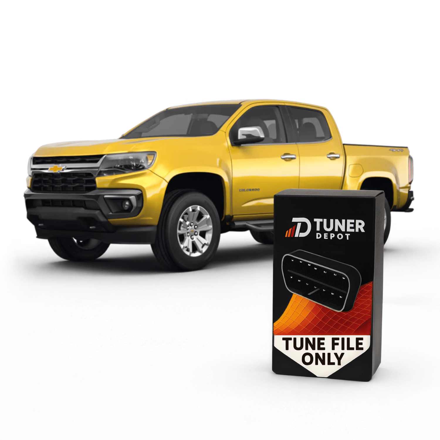 Yellow Chevrolet Colorado diesel with Tuner Depot Duramax tuning tune file package box