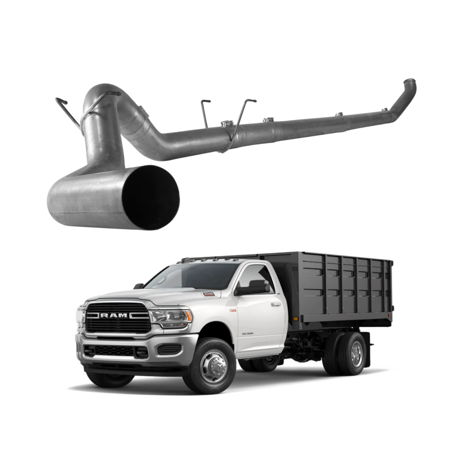 Cummins DPF Delete pipe displayed with a 6.7 Cummins Cab chassis 