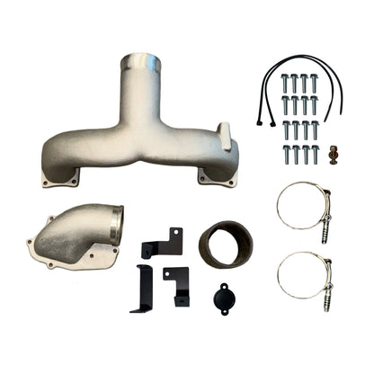 Complete 6.7L Powerstroke high-flow aluminum intake manifold kit with hardware and accessories