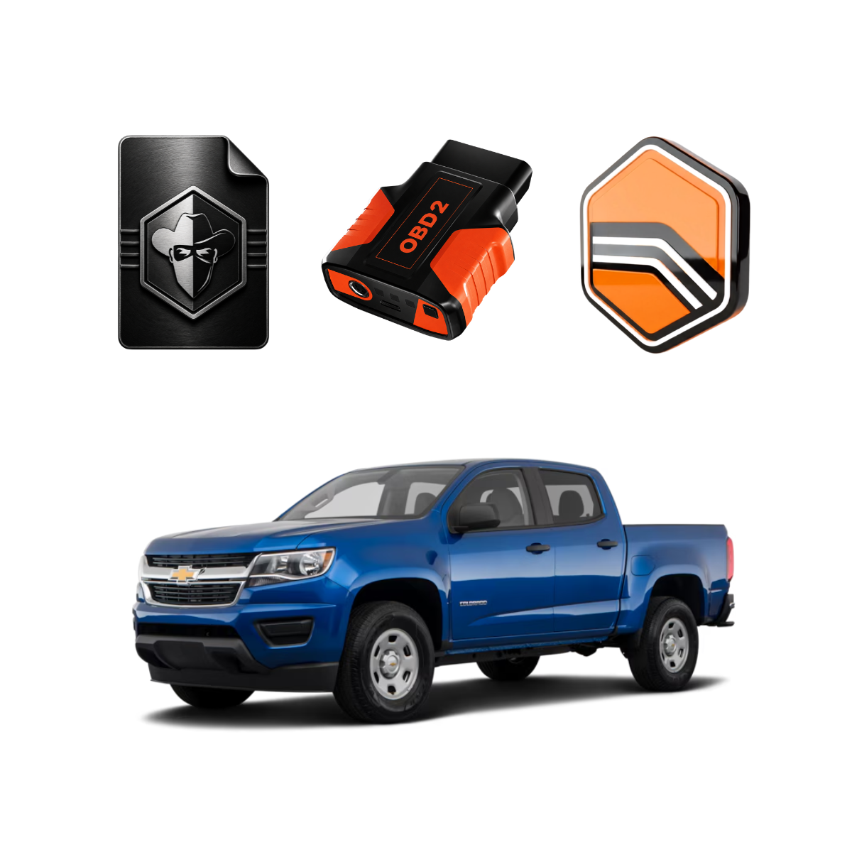 Blue Chevrolet Colorado pickup truck with an OBD2 diagnostic tuner and tuning badges, representing 2.8L Duramax LWN performance tuning.