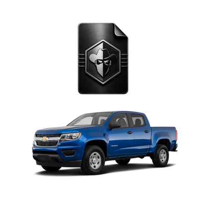Blue Chevrolet Colorado pickup truck with an OBD2 diagnostic tuner, representing 2.8L Duramax LWN performance tuning by BlackBandit.com