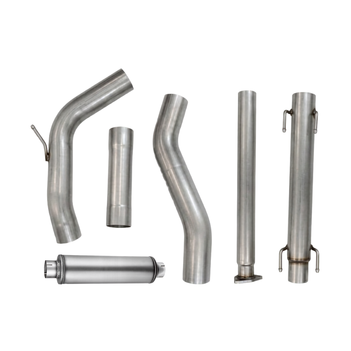 Nissan Titan XD Downpipe Back Exhaust COmponents Displayed on a Solid White Background