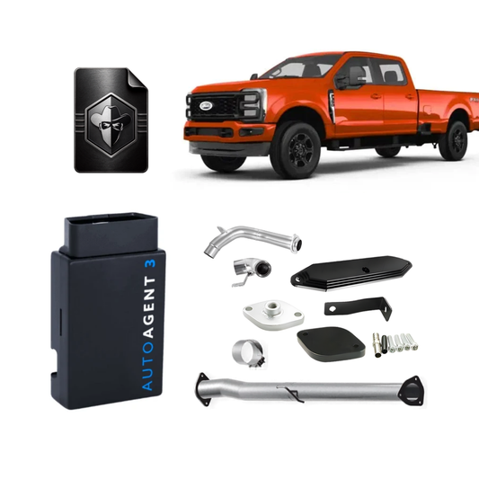 An automotive performance parts kit displayed on a white background, featuring a black AutogAgent 3 diagnostic device, black bandit tunes digital file, black metal pipes, brackets, and hardware, alongside an orange pickup truck used as a compatibility reference.