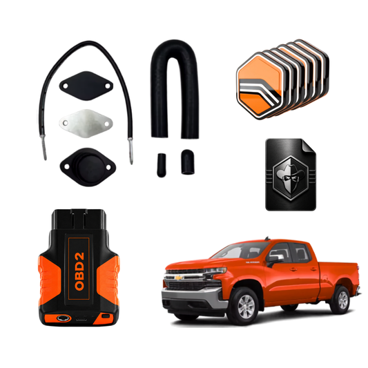 All Componenets of an LM2 Delete Kit shown on a white background, including an orange and black OBD2 flash Tuning device, mounting brackets, rubber plugs, tuning credits, black bandit tunes custom tune file and an orange gmc sieraa 1500 pickup truck used as a compatibility reference.