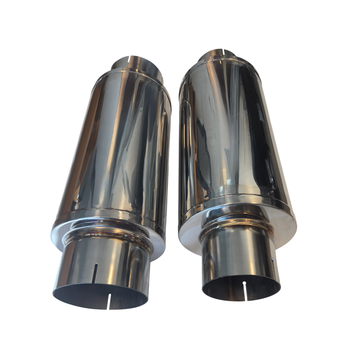 4-inch and 5-inch 304 stainless steel diesel mufflers side by side