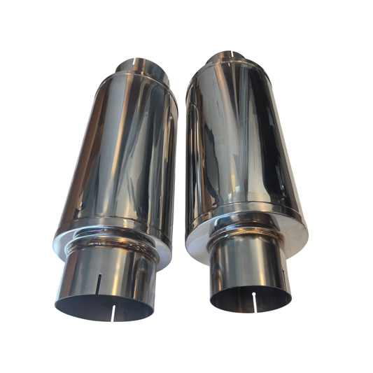 4-inch and 5-inch 304 stainless steel diesel mufflers side by side