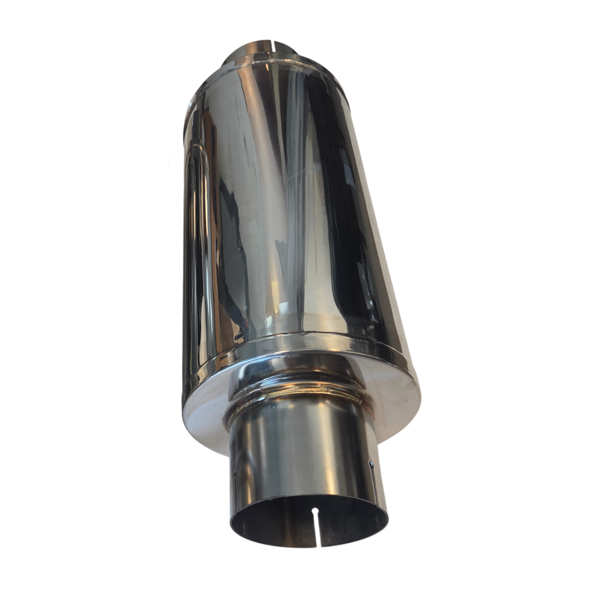 Polished 304 stainless steel diesel muffler, outlet end view