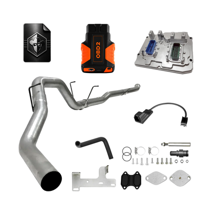 A product image of a 6.7L Cummins delete kit for 2022–2024 Ram trucks. A gray Ram dually pickup is centered against a white background, surrounded by kit components: a 4 inch stainless steel exhaust pipe, an EGR delete pipe with block-off plates, hardware brackets, an orange OBD2 tuning module, an interface cable, and a replacement ECM unit.