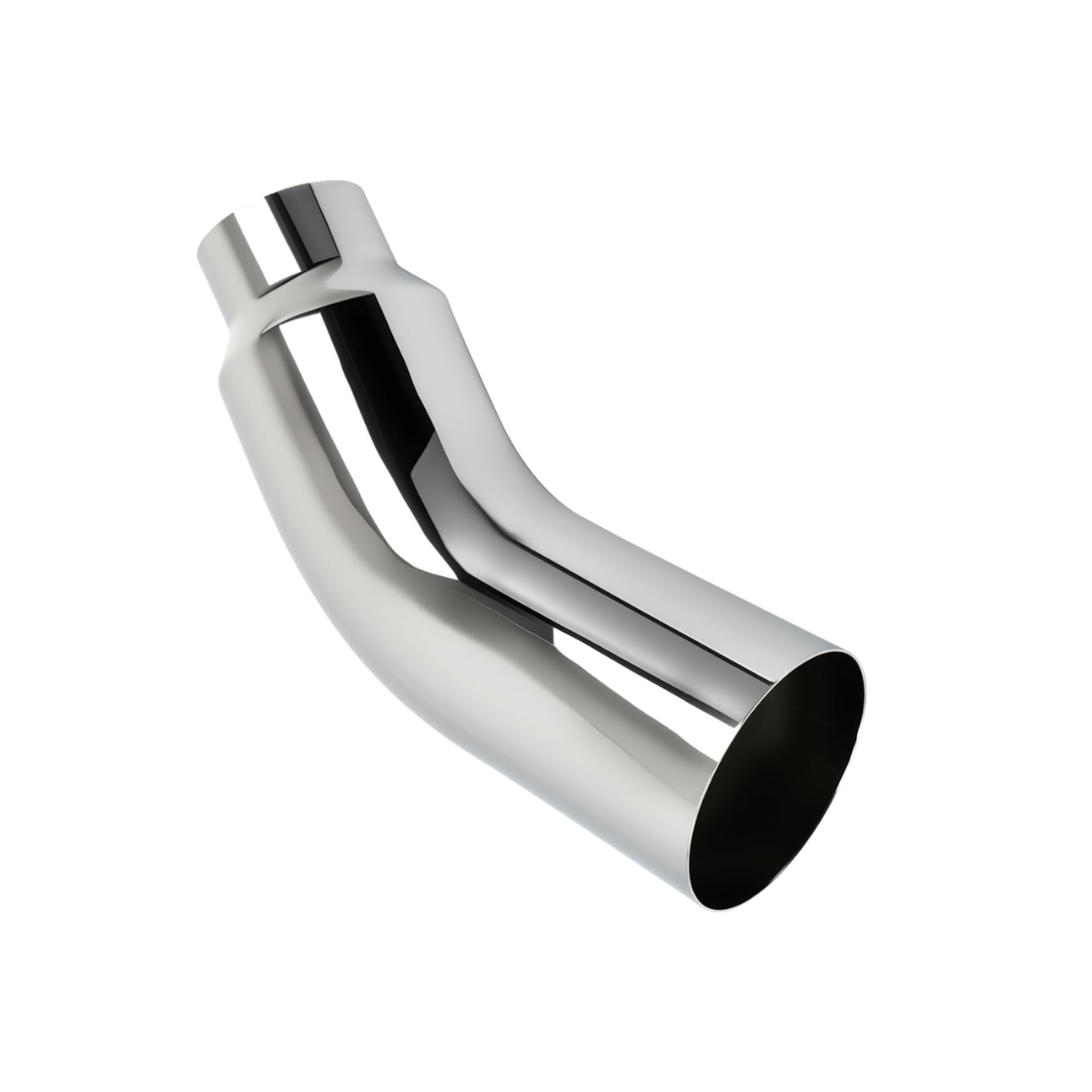 Chrome exhaust tip, 5 to 7,  angled view on a white background