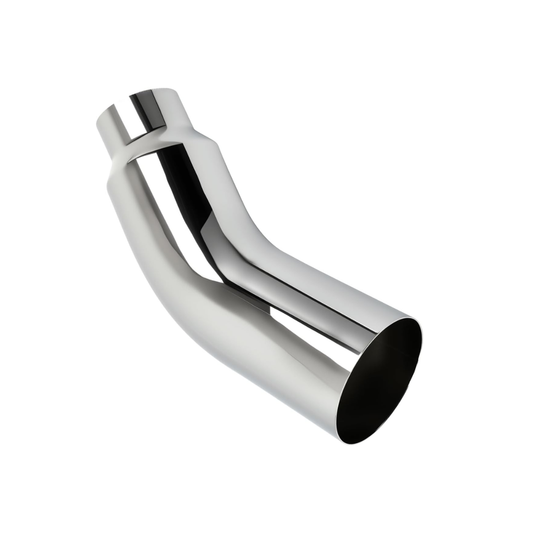 Chrome exhaust tip, 5 to 7,  angled view on a white background