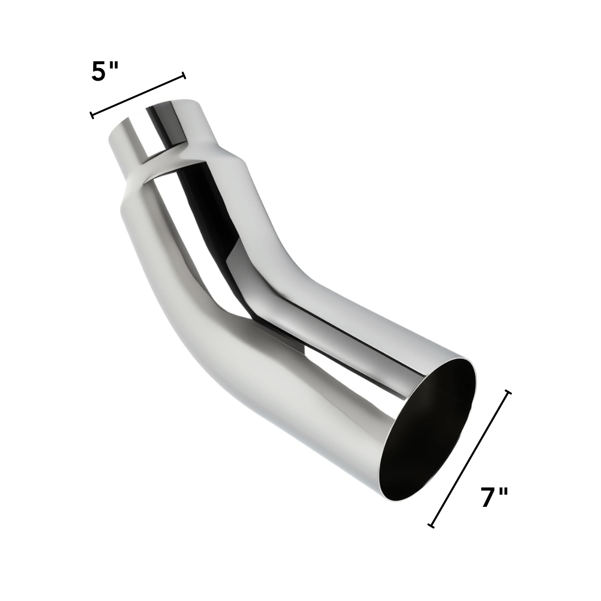 Chrome exhaust tip for 5-inch exhaust pipe with 5-inch inlet and 8-inch outlet.