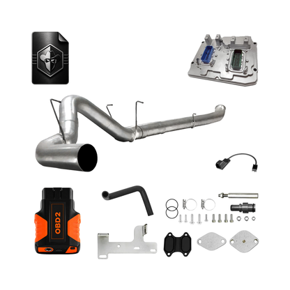 A product image of a 6.7L Cummins delete kit for 2022–2024 Ram trucks. A gray Ram dually pickup is centered against a white background, surrounded by kit components: a 5 inch stainless steel exhaust pipe, an EGR delete pipe with block-off plates, hardware brackets, an orange OBD2 tuning module, an acess cable and a replacement ECM unit.