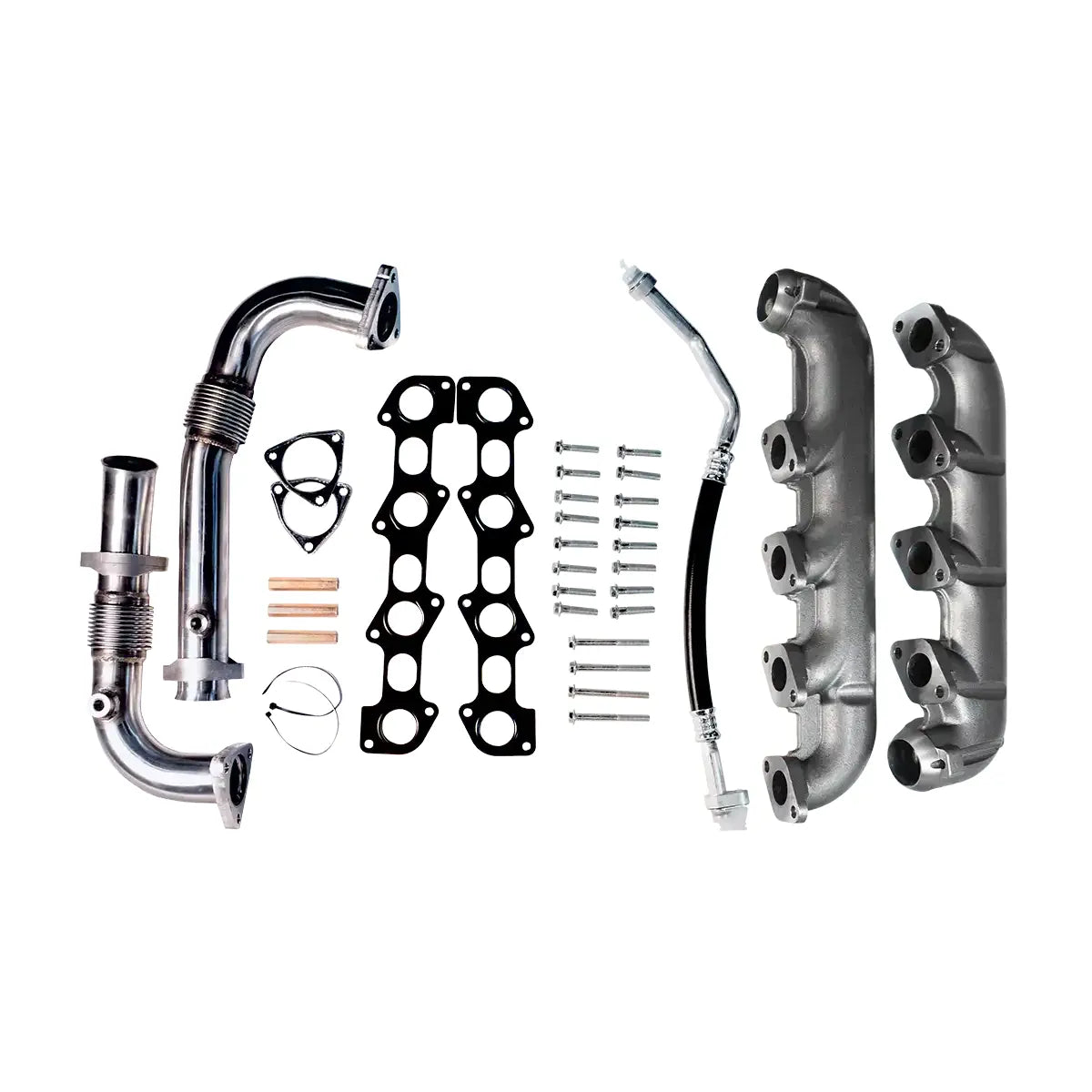  6.4L Powerstroke Exhaust Manifold Kit components including Up-pipe for 2008-2010 displayed on a white background