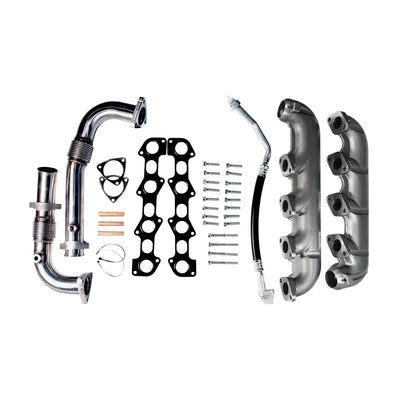  6.4L Powerstroke Exhaust Manifold Kit components including Up-pipe for 2008-2010 displayed on a white background