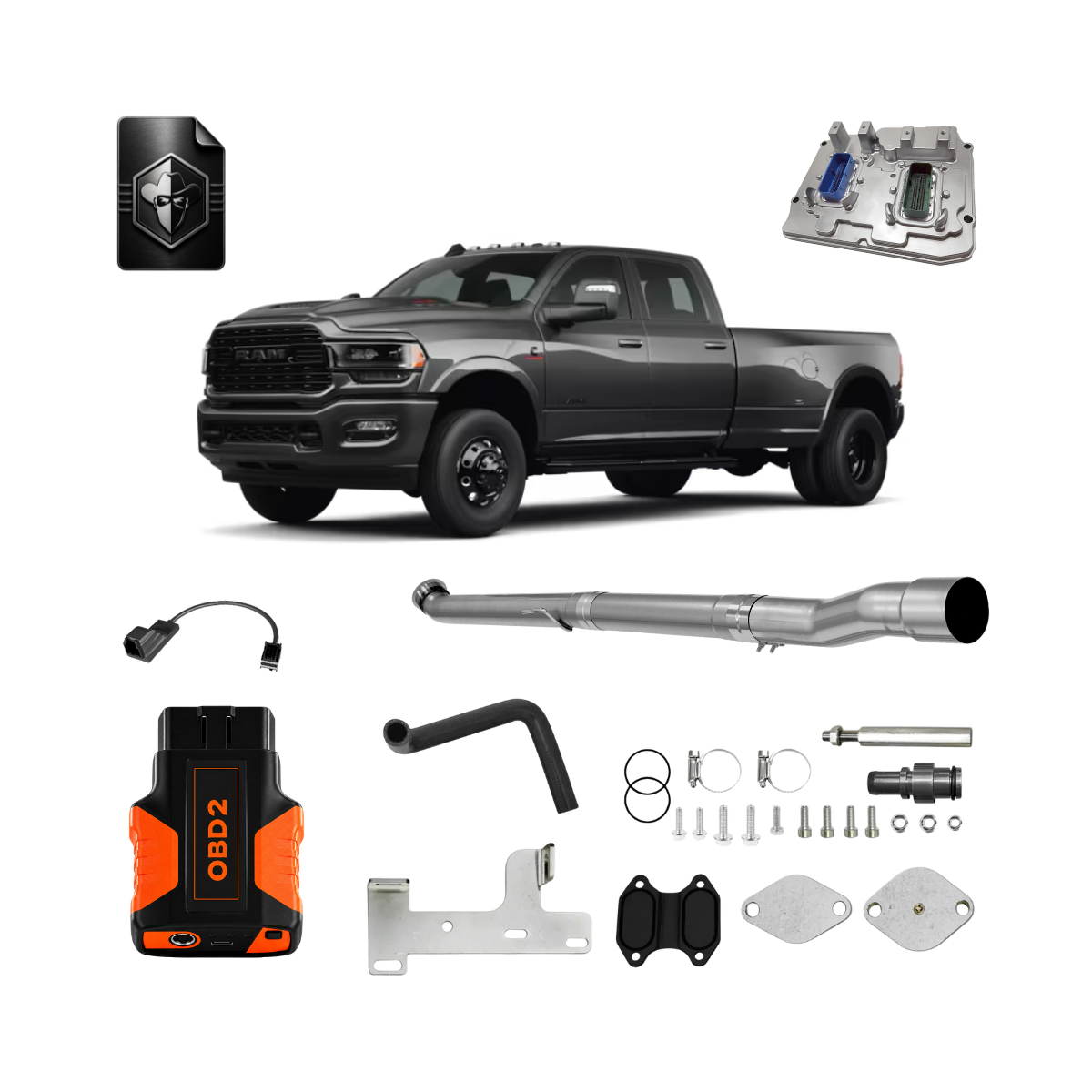 A product image of a 6.7L Cummins delete kit for 2022–2024 Ram 2500/3500 pick up models.