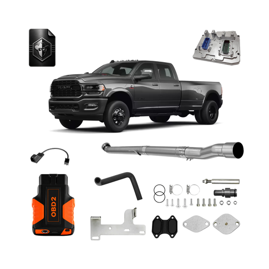 An image featuring a 6.7L Cummins delete kit designed for 2022–2024 Ram pickup trucks.At the center sits a dark gray Ram 3500 dually truck, surrounded by various automotive performance components against a solid white background. The hardware includes a long stainless steel exhaust delete pipe, an EGR delete pipe with block-off plates, a bracket, clamps, and installation screws. Including an orange and black OBD2 tuner module, a RAM acess cable, a replacement Mopar ECM