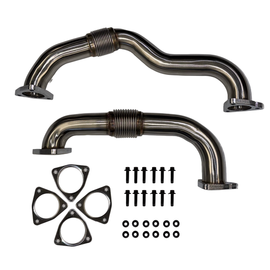 2008–2010 Ford 6.4L Powerstroke turbo up-pipe kit with two stainless steel pipes, gaskets and installation hardware