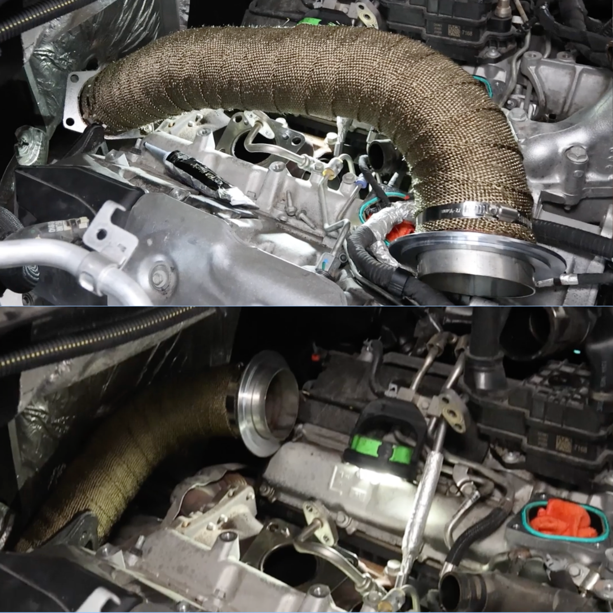 6.6L Duramax L5P downpipe installed in the engine bay with heat wrap and clamps, shown from two angles during installation.