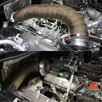 6.6L Duramax L5P downpipe installed in the engine bay with heat wrap and clamps, shown from two angles during installation.