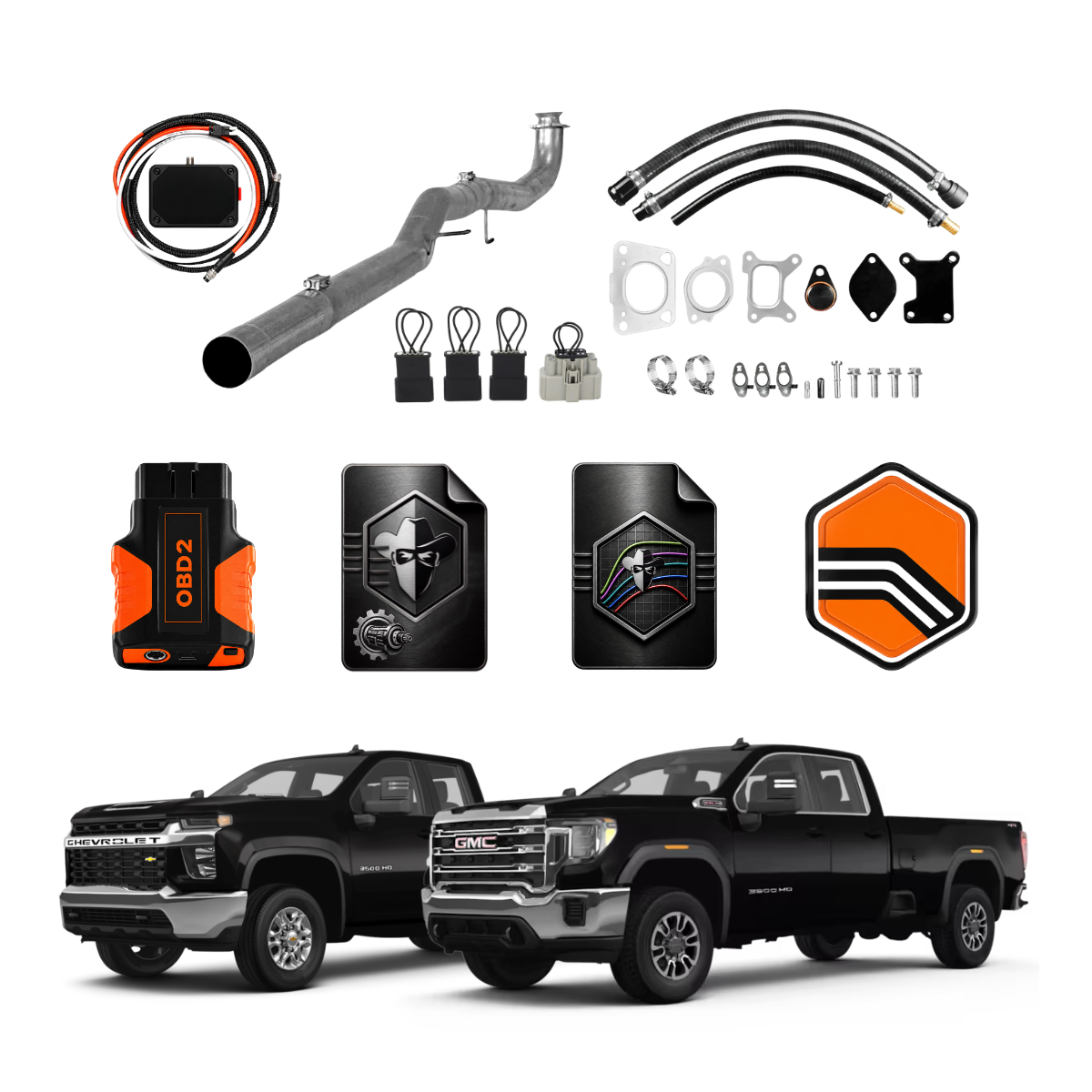 L5P delete kit with Black Bandit Tunes, OBD2 tuning device, tune files, EGR delete components, exhaust pipe, and hardware for Chevrolet and GMC 6.6L Duramax trucks.