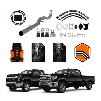 L5P delete kit with Black Bandit Tunes, OBD2 tuning device, tune files, EGR delete components, exhaust pipe, and hardware for Chevrolet and GMC 6.6L Duramax trucks.