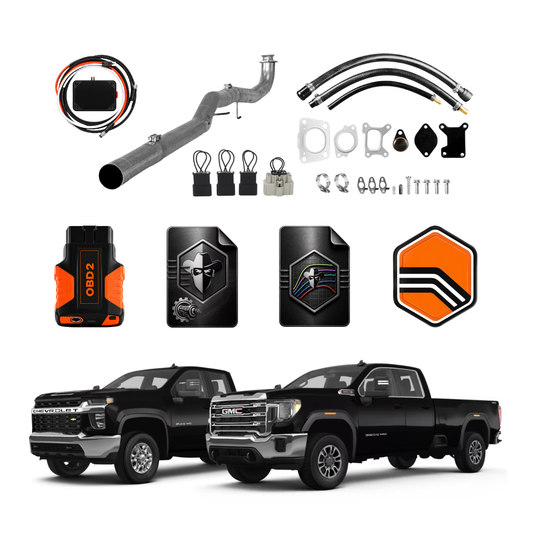 L5P delete kit with Black Bandit Tunes, OBD2 tuning device, tune files, EGR delete components, exhaust pipe, and hardware for Chevrolet and GMC 6.6L Duramax trucks.