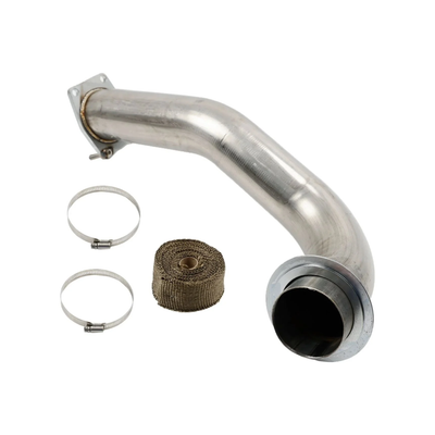 6.6L Duramax L5P stainless steel downpipe with mounting flange, two hose clamps, and exhaust heat wrap on a white background.