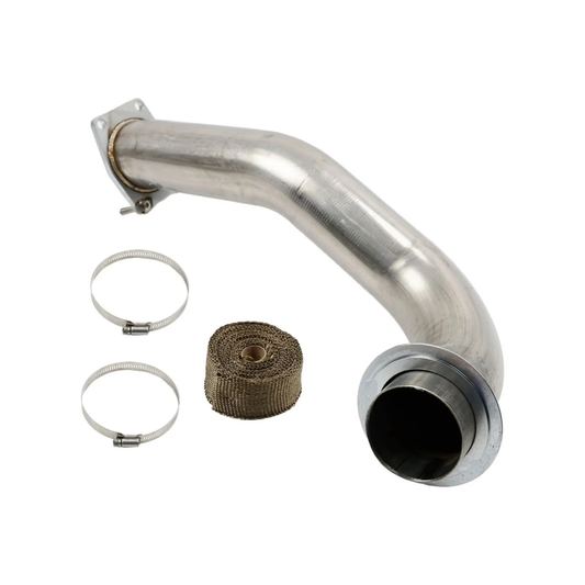 6.6L Duramax L5P stainless steel downpipe with mounting flange, two hose clamps, and exhaust heat wrap on a white background.