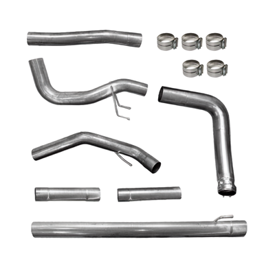 6.7 POWERSTROKE TURBO BACK EXHAUST COMPONENTS ON A SOLID WHITE BACKGROUND