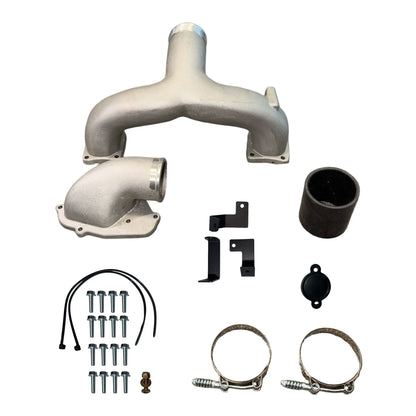 6.7L Powerstroke high-flow aluminum intake manifold kit with piping, couplers, clamps and installation hardware