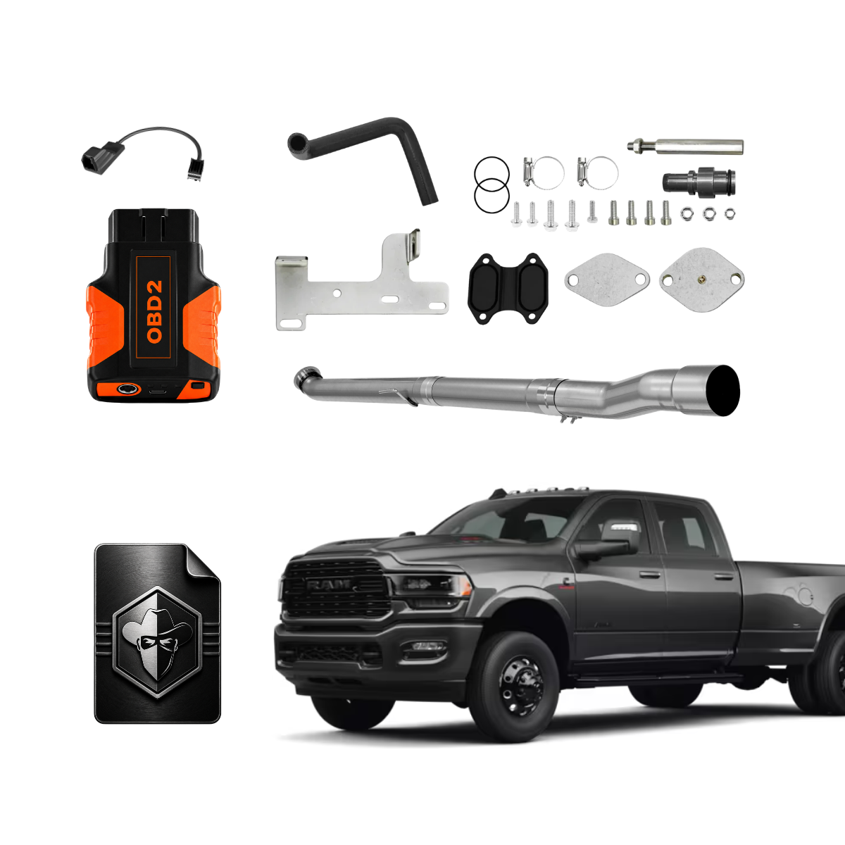 2022 6.7 Cummins Delete Kit with an mpvi tuner, egr delete block off plates, delete pipe and a black bandit digital tune file icon
