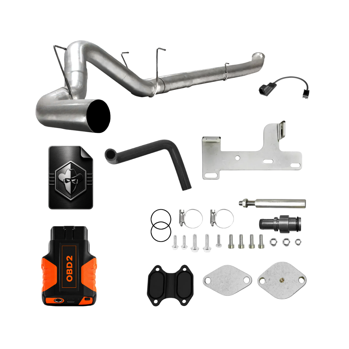 2023 6.7 Cummins Delete Kit with an mpvi tuner, egr delete block off plates, 4 inch exhaust pipe and a black bandit digital tune file icon